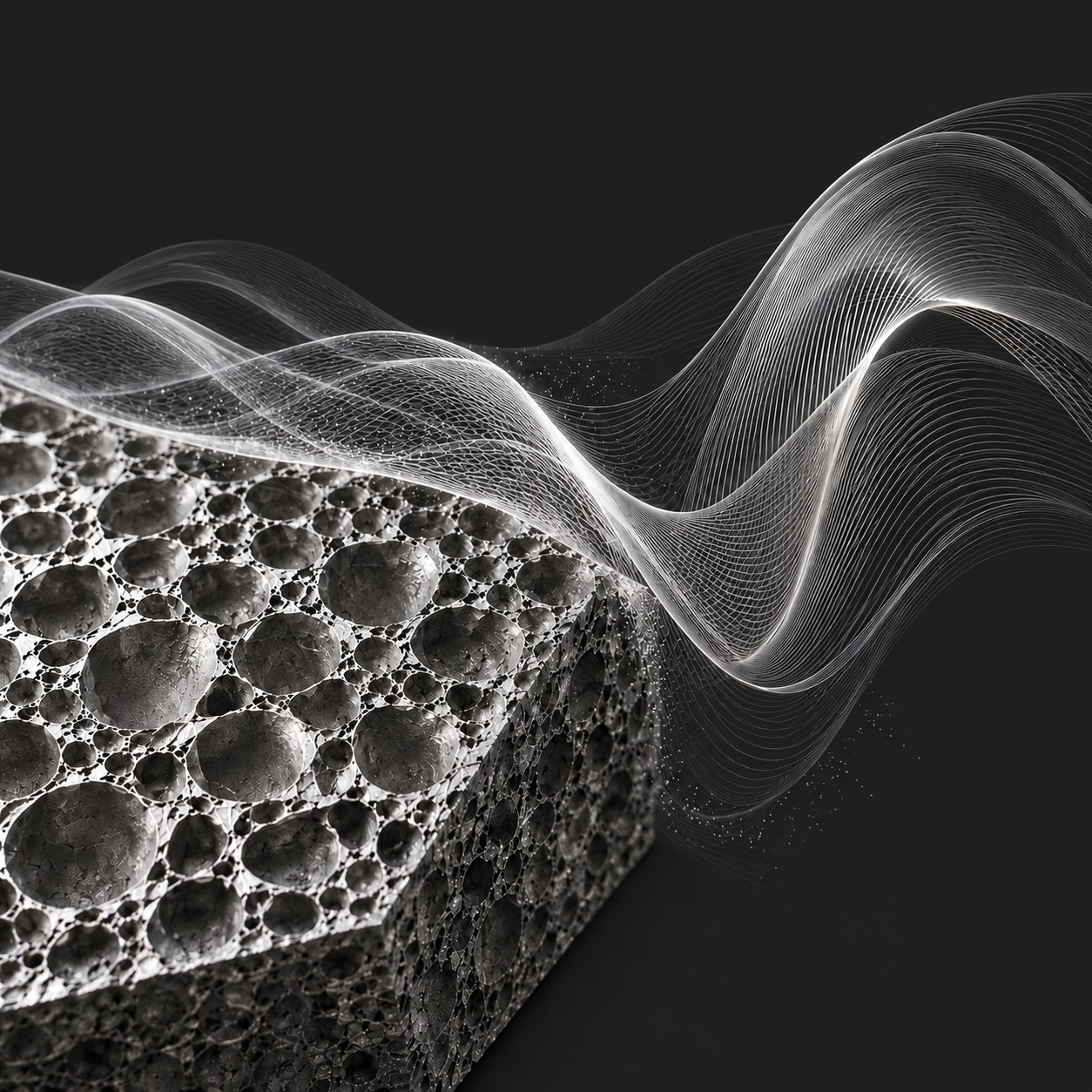 Stylized render of an aluminum foam block with a flowing wave mesh